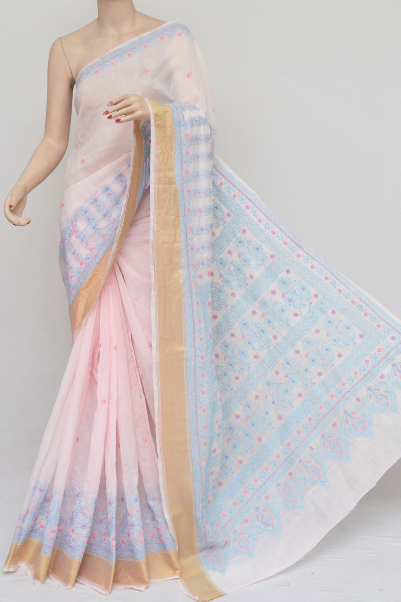 Pastel Pink Color Chanderi Cotton Designer Hand Embroidered Lucknowi Chikankari Saree (With Blouse - Chanderi Cotton) MC251040